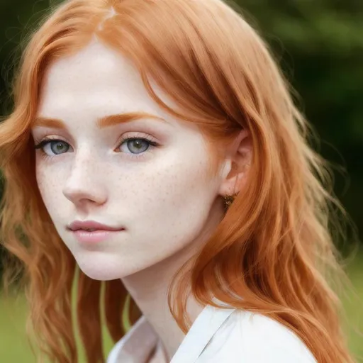 Prompt: profile of ginger pale skin freckled young skinny woman, (((freckles))), Norwegian girl, turned up small nose, very long wavy ginger unwashed hair, thin lips, cute face, pure, ((white open shirt)), ((shy)), sun from behind, sun on hair, 18 years old, thin

Ultra high definition, realistic picture, detailed, intricated, 4K, 8K, wallpaper, award winning