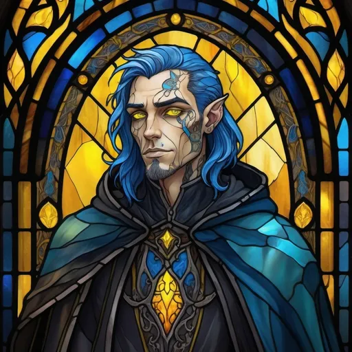 Prompt: a creature that looks like a handsome, young man, but has grey skin, long, blue hair, yellow glowing eyes and tattoos all over his body, wearing a long, black cloak