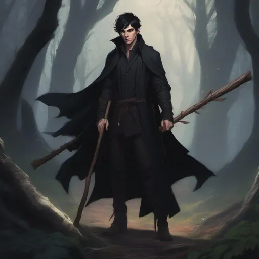 Prompt: dnd a male half-elf warlock with short messy black hair wearing a long black coat holding a wooden staff in a dark forest