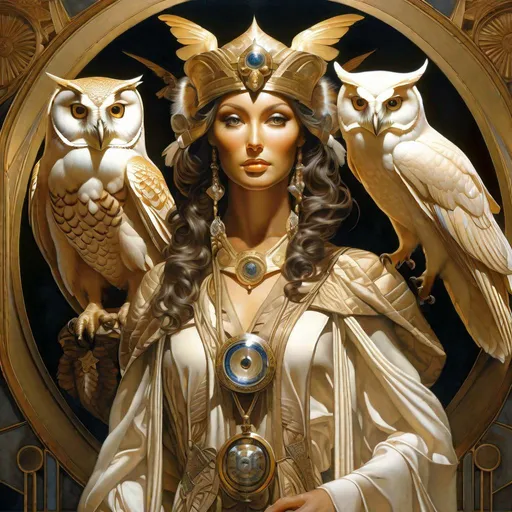 Prompt: "portrait of an ethereal sorceress with ONE owl on her shoulder. ulta detailed, photorealistic. perfect face, symmetrical eyes. fantasy, magic realism. by jc leyendecker, Michael Parkes, Joann Lossel. 8k, volumetric lighting, best quality"