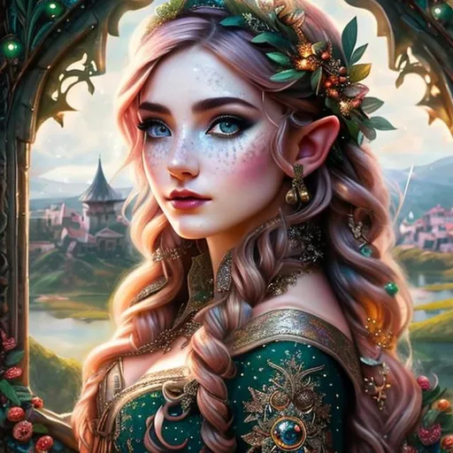 Prompt: half body portrait, elf, detailed face, detailed vibrant eyes, full eyelashes, ultra detailed accessories, detailed village background, cooking apron, short curly messy hair, bangs, dnd, artwork, fantasy ,inspired by D&D, concept art, ((looking away from viewer)), ((muted colors)), freckles, tattoos, ((faded colors)), ((art inspired by Agnes Cecile))