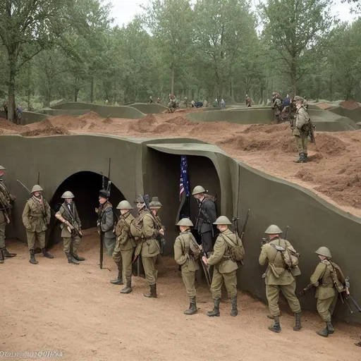 Prompt: A World War One Trench in color with World War One American soldiers in the World War One Trench in the rain and some World War One American Soldiers look over the trench with their rifles and some World War One American Soldiers dead and some World War One American soldiers hiding, The World War One Trench is made of wood and dirt, and World War One American soldiers jumping over the trench, in the middle battle. And german World War One soldiers running towards the trench