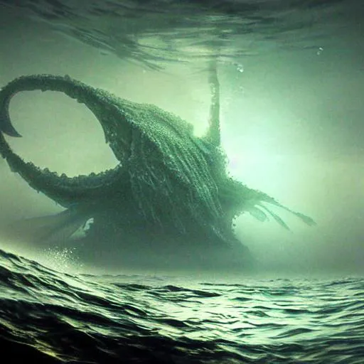 ethereal ocean, giant seamonster emerging from under...