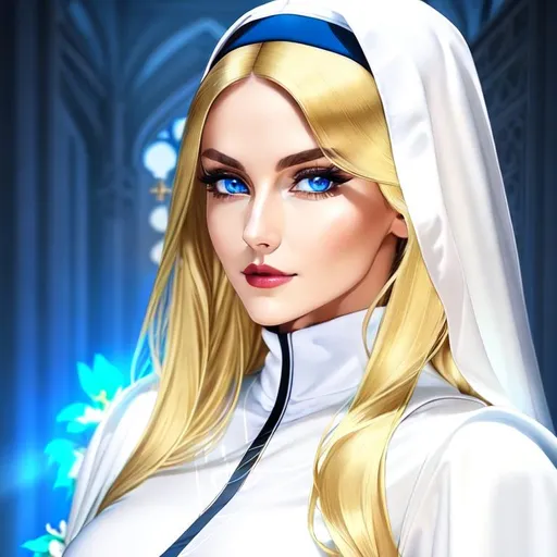 Prompt: beautiful, colossally breasted, smoothly muscular, polish nun, wearing flowing full body pure white long sleeved robes with a single seam running down the front, symmetrical face, symmetrical matching big bright blue eyes, wide thick dark lips, small smile, strong nose, broad shoulders, very large arms, long golden blonde hair, high cheekbones, blonde eyebrows, 2k, backlit