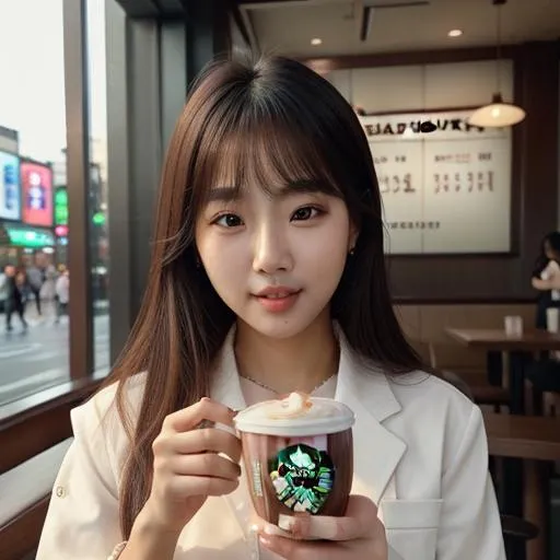 Prompt: Realistic photo, HD, Korean Instagram, cute woman, Seoul, Starbucks, latte, caramel, frappucinno, aesthetic, age=21, beautiful, attractive, silly, fun