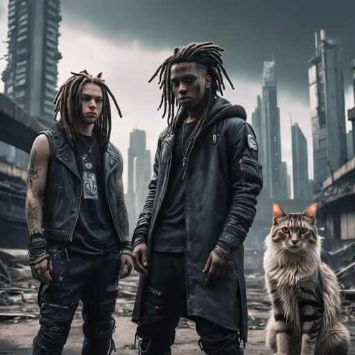 Prompt: Two cyberpunk cats and young man ith dreds. one cat  is black and the second one is white with young man with dreads in post-apocalyptic landscape, highres, ultra-detailed, cyberpunk, dystopia, futuristic, post-apocalyptic, detailed fur, intense gaze, urban setting, industrial, moody lighting, desolate, dystopian, futuristic skyscrapers, ruined city, high-tech, cool tones