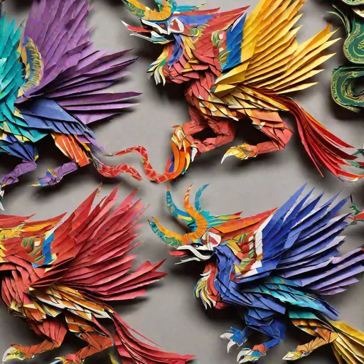 Prompt: origami, folded paper, multicolored paper, ((Indonesian garuda looking to left)), colorful, intricate detail, close up, active, extreme detail