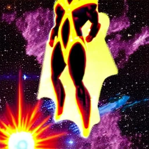 Prompt: Hyperion Marvel, Nuclear Man, Solar-Flare-Cape floating in deep outer-space