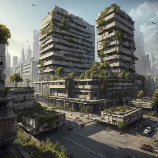 Prompt: (low angle:1.2), an apocalyptic city where nature has taken back the concrete jungle , deep colour\'s, realistic, hyperrealistic, concept art, unreal engine 5, trending on art station