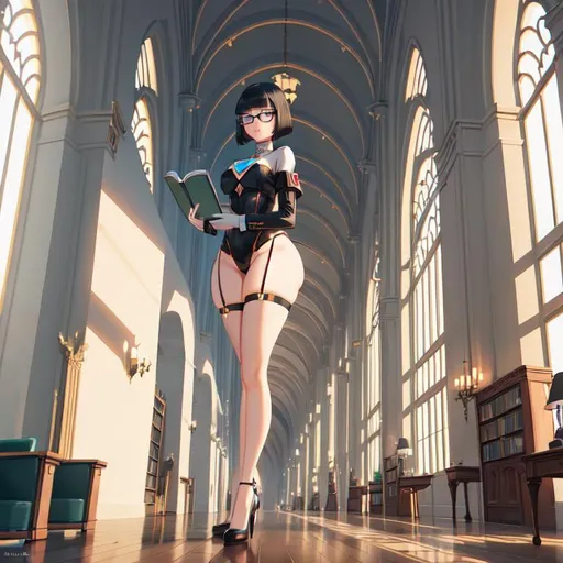 Prompt: a lonely nerdy AI girl, very tall, thick thighs, wide hips, huge glutes, long legs, arms, slender waist, big beautiful symmetrical eyes, intriguingly beautiful face, depressed expression, symmetrical face, bob haircut with bangs, wearing Dark Academia fashion clothes, reading books in a vast liminal library, 36K resolution, 12K raytracing, hyper-professional, impossible quality, impossible resolution, impossible detail, hyper output