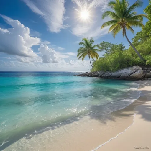 Prompt: Caribbean Sea, (silver accents), shimmering light reflections, (cool colors), tranquil waves, vibrant blues and greens, peaceful atmosphere, serene ambiance, sun-kissed waters, crystal clear, ultra-detailed, HD, calm surroundings, inviting shoreline, gentle breezes, tropical charm, dreamy landscape, high-resolution tableau of natural beauty.