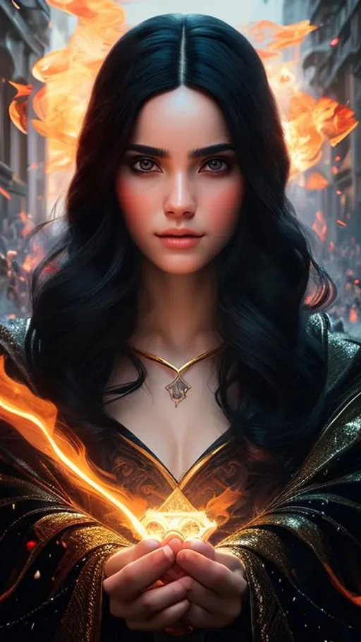 Prompt: Portrait of a human female sorcerer with black hair and with cute face, perfect composition, hyperrealistic, super detailed, 8k, high quality, trending art, trending on artstation, sharp focus, studio photo, intricate details, highly detailed, by greg rutkowski