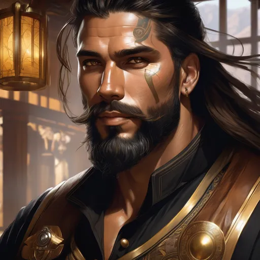 Prompt: portrait of a muscular man wearing black inquisitor uniform, friendly, in his early 40s, tribal tattoos, mane of black hair, pallid skin, rugged, scars, scarred face, rough face, rugged face, thick beard, gold specks in his eyes, set in a tavern, highly detailed, digital painting, artstation, concept art, smooth, sharp focus, illustration, art by artgerm and greg rutkowski and alphonse mucha, footage from space camera
