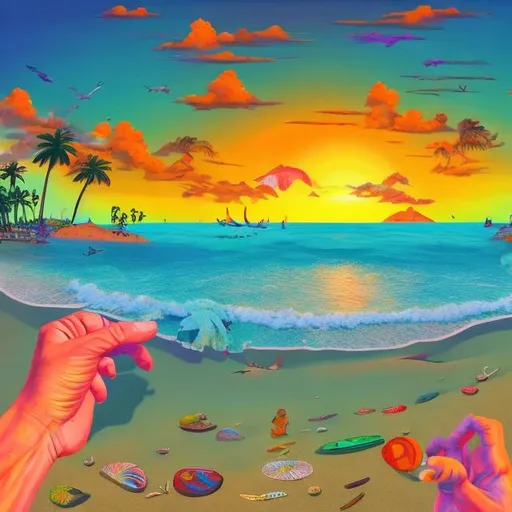 Prompt: A beach and a sunset from the view of someone affected by mescaline and DMT. The beach is seen from the land and the sun is much closer than we might see it in real life. The colors are vibrant and we can see many different animals flying, swimming and walking.
