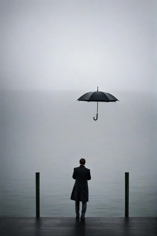 Prompt: Man holding an umbrella on a pier. He is looking out into the water. It is rainy and very foggy.  He is wearing a coat and pants. He is contemplating the future. 