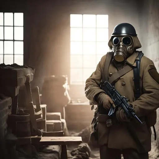 Prompt: soldier wearing gas masks inside of a trench 