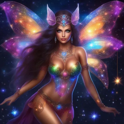 Prompt: A complete body form of a stunningly beautiful, hyper realistic, buxom woman with incredible bright eyes wearing a colorful, sparkling, dangling, glowing, skimpy, natural, flowing, sheer, fairy, witches outfit on a breathtaking night with stars and colors with glowing, detailed sprites flying about