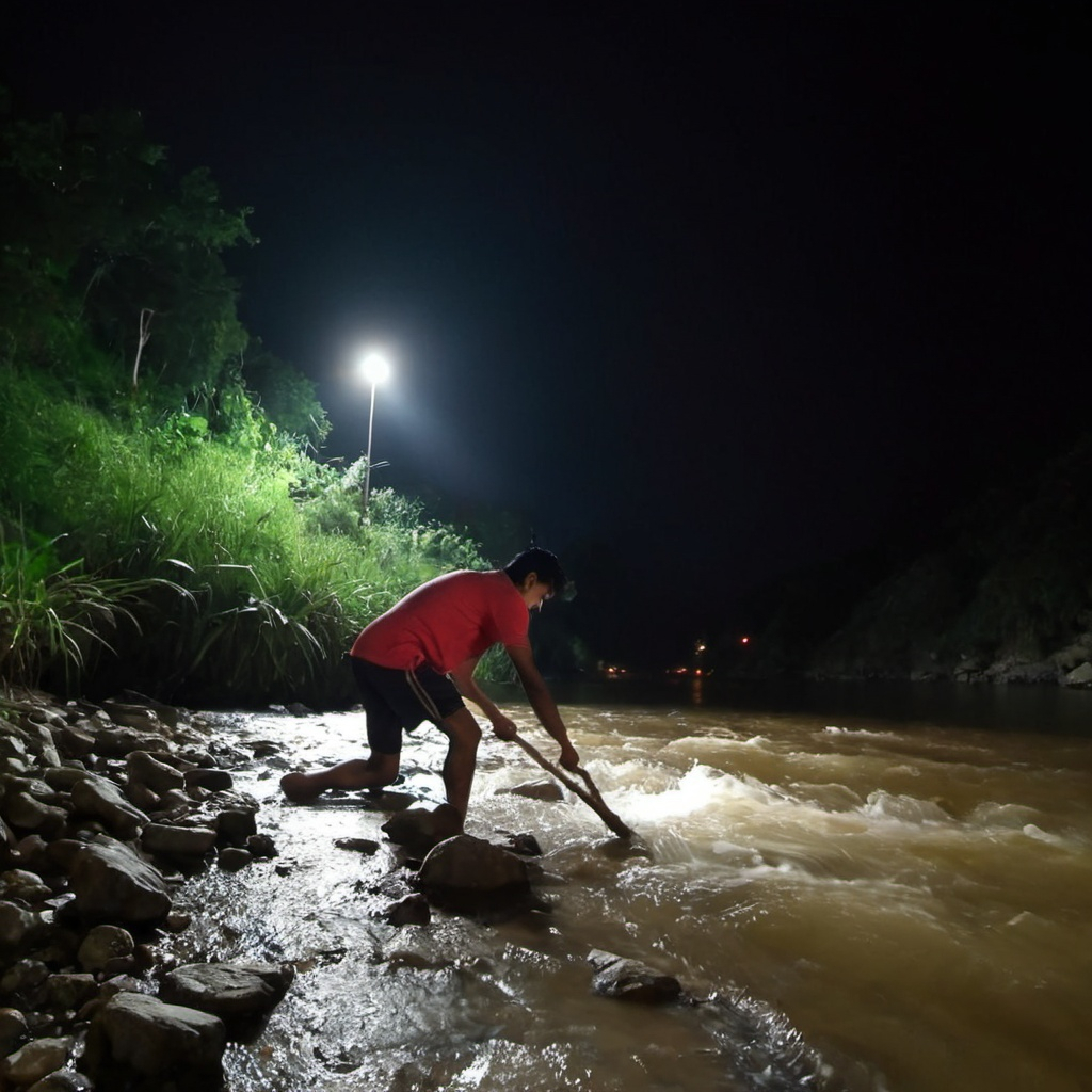 Make one video who working hard in river night time