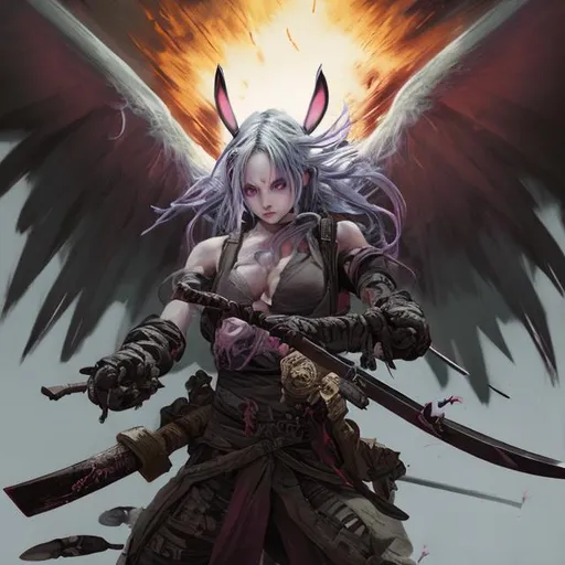 Prompt: a demon (multi-color hair) (multi-color eyes)(she has rabbit ears) holding a katana, fighting, in a gunfight, bullets flying, fighting in a rural area, sad, (angel wings), lunging at the center, flying in the air

a masterpiece, 8k resolution, dark fantasy concept art, by Greg Rutkowski, dynamic lighting, hyperdetailed, intricately detailed, Splash screen art, trending on Artstation, deep color, Unreal Engine, volumetric lighting, Alphonse Mucha, Jordan Grimmer, purple and yellow complementary colours sinister by Greg Rutkowski