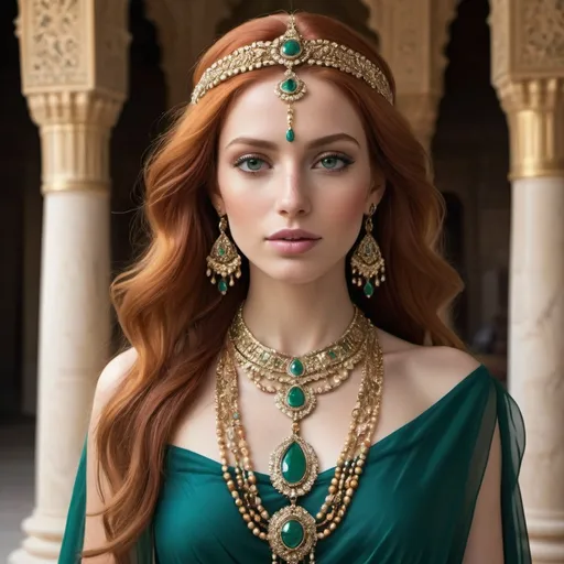Prompt: In the heart of a Middle Eastern kingdom, where the sun casts its golden rays upon ancient palaces and bustling markets, reigns a queen of unmatched beauty and grace. With fiery red hair cascading in luxurious waves around her porcelain complexion, she stands as a vision of ethereal elegance and regal power.

Her regal attire, woven with threads of gold and adorned with intricate patterns inspired by the desert sands and vibrant bazaars, drapes her slender frame in a tapestry of opulence. Around her neck, a gleaming necklace of precious gems and pearls glimmers like stars against the backdrop of her fair skin.

Her eyes, a mesmerizing shade of emerald green, sparkle with intelligence and warmth, reflecting the wisdom and compassion that guide her rule. They hold the depths of the desert oasis, harboring secrets and stories passed down through generations of rulers.

As she moves with grace and poise through the marble halls of her palace, her presence commands attention and respect. She carries herself with the confidence of one who has ruled with fairness and strength, earning the unwavering loyalty of her subjects.

Her voice, soft and melodic like the desert breeze, carries the weight of authority and compassion as she addresses her people. With words of wisdom and kindness, she seeks to uplift and inspire, leading her kingdom toward a future of prosperity and harmony.

In the midst of a bustling city square or a tranquil palace garden, she is a beacon of beauty and grace, her red hair ablaze like a flame in the desert sun. She is not just a queen, but a symbol of strength, resilience, and the enduring spirit of the Middle East.

