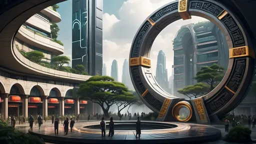Prompt: magical portal between cities realms worlds kingdoms, circular portal, ring standing on edge, upright ring, freestanding ring, hieroglyphs on ring, complete ring, ancient chinese architecture, gardens, hotels, office buildings, shopping malls, large wide-open city plaza, turned sideways view, futuristic cyberpunk tech-noir setting