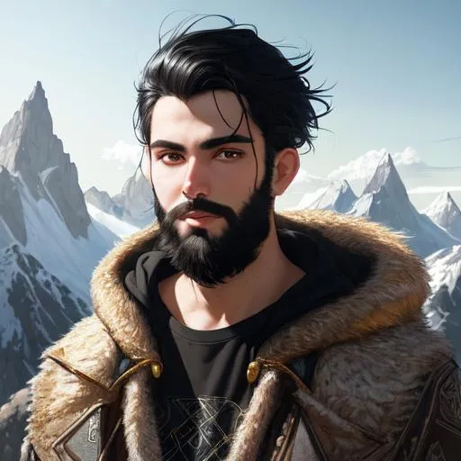 Prompt: Portrait of boy with black hair and with smart face with light beard , {morning sunlight mountain view}, perfect composition, hyperrealistic, super detailed, 8k, high quality, trending art, trending on artstation, sharp focus, studio photo, intricate details, highly detailed, by greg rutkowski