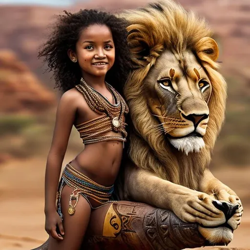 Prompt: A tribal girl ride on a lion