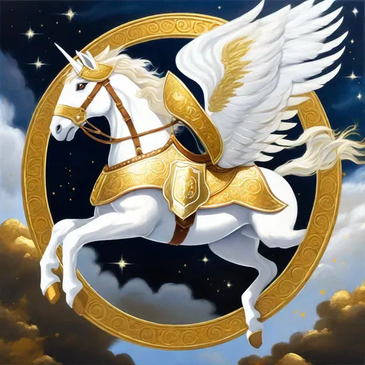 Prompt: Painting of a white pegasus with four legs, two white wings, he wears gold barding armor and gold helmet, flying in the sky. Majestic, regal, noble, fierce.