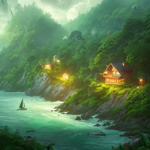 Prompt: a lush green forest with beautiful trees, nice daylight, nice weather, 3 small dark wood house cabins 1600s style next to ocean bay light bluse sky ocean bay with 1600s style ship. Trending on artstation, 4k digital art
