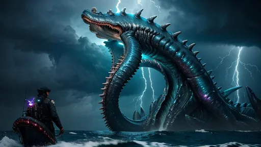 Prompt: Insanely Detailed Giant Sea Creature Monster, Rising from the Ocean, bokeh, Greg Rutkowski, WLOP, dynamic lighting, Eldritch, Neuron Storm, Deep Colors, Thunderstorm, Tornadic, H.R. Giger, Matt Frank, cool colors, precisionism, Intricate Details, Photorealism, ethereal, iridescent, heat wave