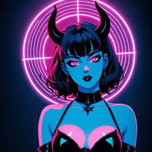 Prompt: beautiful female demon, hell, demonic, vaporwave, retro, neon, aesthetic, liminal, high quality, high definition, beautiful, dramatic lighting