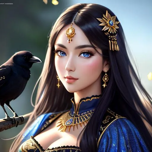 Prompt: (masterpiece, illustration, best quality:1.5), full body art, global illumination, finely detailed, highly Detailed face, beautiful defined detailed face, beautiful detailed eyes, beautiful detailed shading, highly Detailed body, finely detailed, ethereal, full body, beautifully detailed background, cinematic, 64K, UHD,
blue eyes, has a crow pet, wears simple clothing, woman, full body ,nordic  long brown hair with braids wearing, blue nordic dress druid, blue eyes, beautiful, has a crow on her shoulder, druid