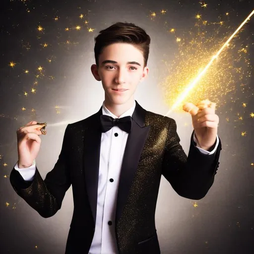 Prompt: 16 year old Magician boy in a tuxedo used his magic wand to cast a gold sparkly magic spell flying through the air