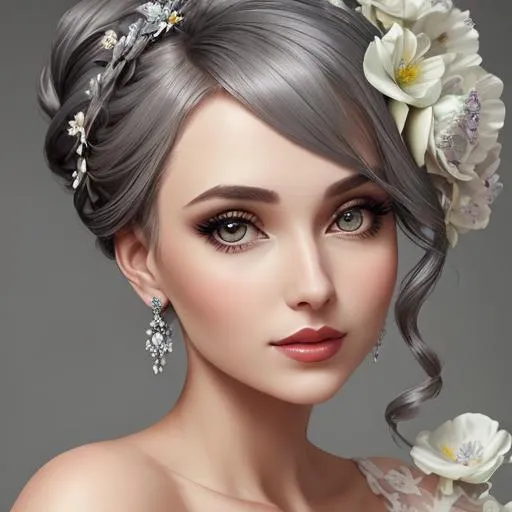 Prompt: Beautiful woman portrait wearing an gray evening gown, elaborate updo hairstyle adorned with flowers, facial closeup