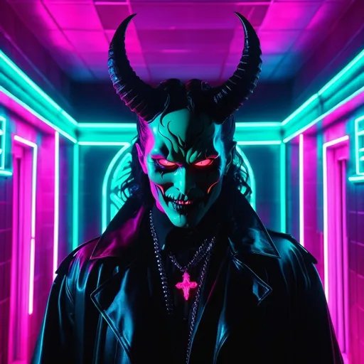 Prompt: demon, hell, demonic, gothic, vaporwave, retro, neon, aesthetic, liminal, high quality, high definition, beautiful, dramatic lighting