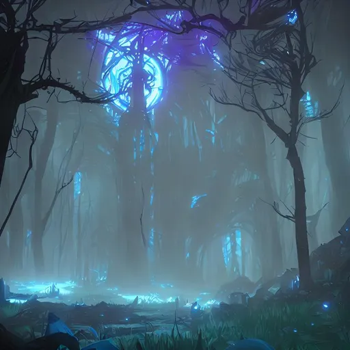 Prompt: a forest at night with a portal in form of a breach with a fantasy blue forest in it