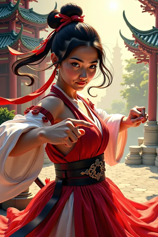 Prompt: Detailed Photo of a (beautiful girl) striking a (battle ready wuxia pose), (impressionist style), (dynamic composition), (low angle), (dramatic lighting), vibrant color scheme, soft brush strokes, capturing movement and emotion, (masterpiece) aesthetic, inspired by Claude Monet and Pierre-Auguste Renoir, ultra-detailed, enchanting atmosphere, vivid expressions.