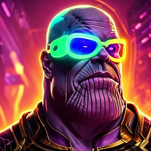 Prompt: thanos wearing shutter shades, neon theme, cyberpunk arts style, neon cartoon, ultra high detail, lighting, shaders