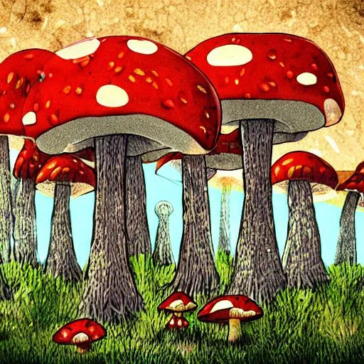 Prompt: Cartoony mushroom forest