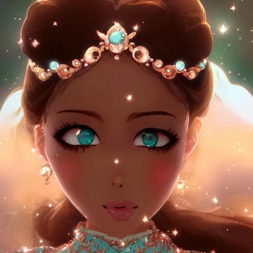 Prompt: Anime, Princess, Teal eyes, Apricot Ballgown, diamond earrings, brown skin, HD, 4k, High Quality, Effects.