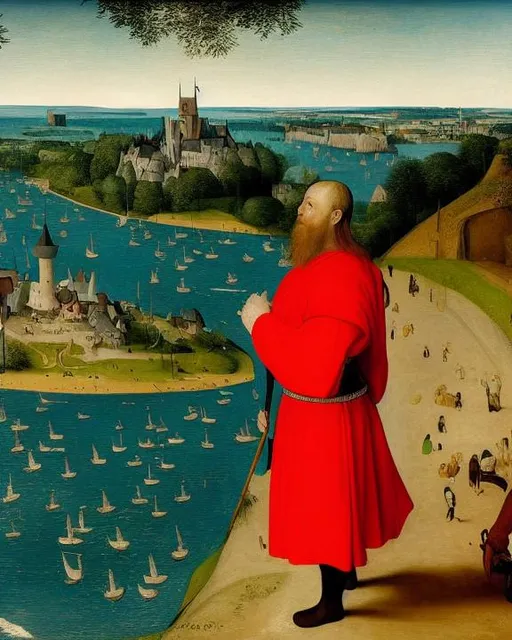 Prompt: Oil Painting of a Germanic king in medieval dress standing proudly on the beach of the Rhine. King watches the rhine. Landscape by Pieter Brueghel . Masterpiece.
