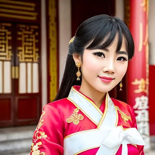 Prompt: Please take a picture of a beautiful Vietnamese idol girl wearing a white traditional Chinese dress poses neatly, cutely and looks at the camera with sweet eyes at the Chinese palace.