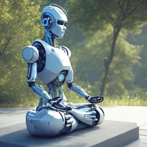 Prompt: a realistic AI robot meditaing
