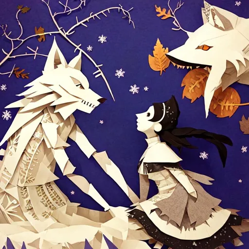 Prompt: the patchwork girl and the Big Winter wolf. paper cutout, washi paper, cardboard relief, detailed, fern leaves, Snow, by shaun tan, gekidan inu curry, madoka magica, by kay nielsen, artgerm, Megan duncanson,  embossing