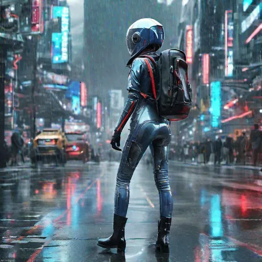Prompt: generate an image of a full body cybernetic futuristic svelte woman from 2250 ((full shot)), walking in the wet street, wearing a bluish grey shiny tight jeans and sweater and thin black boots, a big backpack, a futuristic big cross helmet with metallic visor, intricate blue and red billboards in the background, maximalist, reflection, blue hue, cyberpunk setting, UHD, photorealistic, super resolution, dynamic lighting, a masterpiece, by jeremy mann, a breathtaking artwork by Brian Froud, Ferez, Arthur Rackham, Beeple, Epic scale, highly detailed, clear environment, triadic colors cinematic light 16k resolution, trending on artstation, hyperdetailed, hyperrealism, cinematic, filmic; epic in scope and scale, Poster art. night, red and blue billboards and buidings in the background and sides, pay attention to proportions and colors, 

