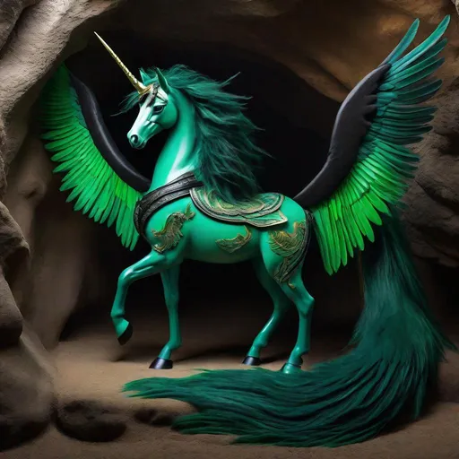 Prompt:  twisted pegasus animatronic hybrid, with focused emerald eyes. They identify as a Male. Emerald colored feathery wings and tail. dark Green ombre mane and tail, green haze, green and black coat, lying down in a cave, asleep, resting, highly detailed artwork, painting