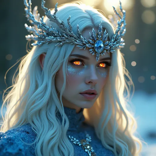 Prompt: A majestic and ethereal female figure with glowing amber eyes, her skin adorned with shimmering blue crystal textures. She has long, flowing silver-white hair cascading in soft waves. A crown of intricate metallic branches and icy spikes surrounds her head, reflecting light in a magical way. The background features a soft bokeh effect with warm golden and cool blue lighting, adding depth and contrast. Ultra-detailed textures with visible individual crystals, intricate crown design, volumetric lighting, and photorealistic rendering. A mix of fantasy and realism, inspired by the styles of Greg Rutkowski and WLOP, UHD, cinematic composition.