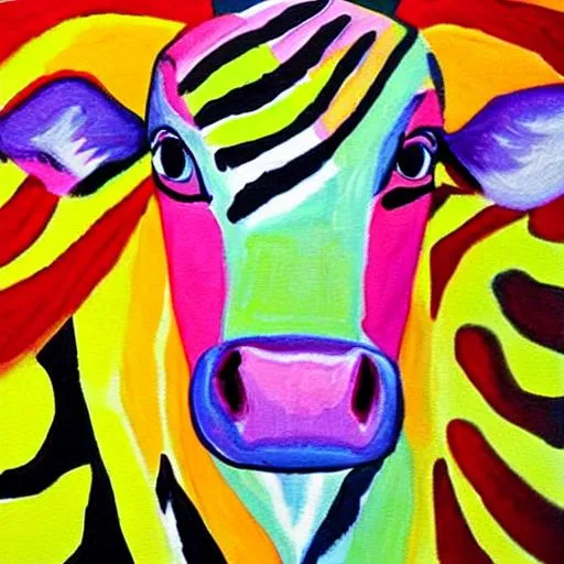 Prompt: A bright, vibrant, dynamic, spirited, vivid painting of a dairy cow with zebra stripes. 