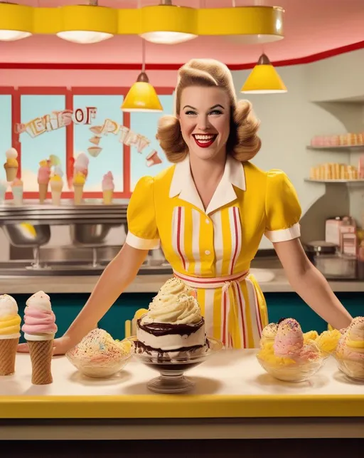 Prompt: A playful retro ice cream parlor scene for Banana Split Day with a yellow and white striped counter and 60s style stools where a smiling woman in a yellow dress and white apron prepares an over-the-top colorful banana split sundae under warm incandescent lighting, loaded with scoops of ice cream, bananas, chocolate sauce, sprinkles, whipped cream, and a cherry on top, styled with a 35mm lens to have a bright fun mood. 