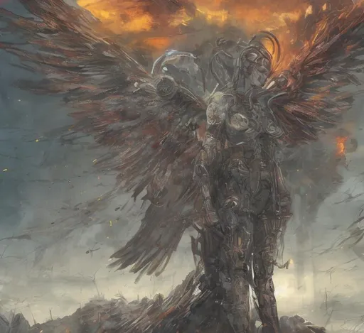 Prompt: Cyberpunk angel in a wasteland of fire



